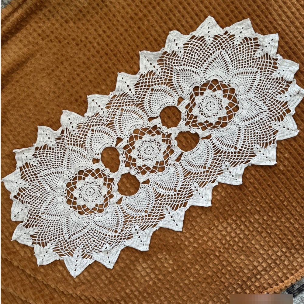 Vintage Crochet Table Runner 36" Cream White Lace Medallion Floral Boho Decor